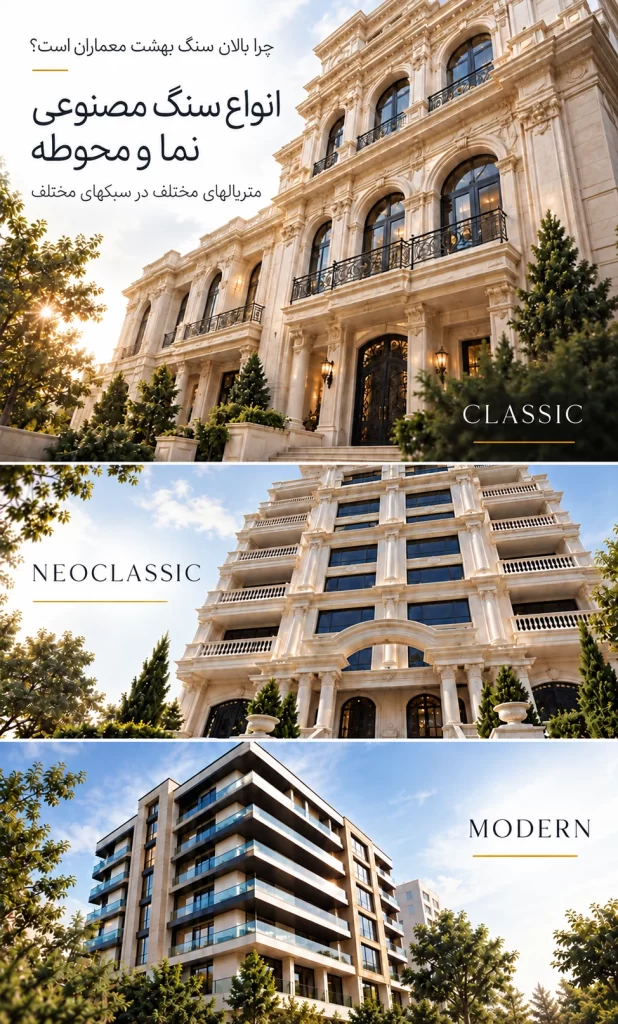 انواع سنگ مصنوعی نما و محوطه بالان سنگ در سبک‌های Classic، Neoclassic و Modern